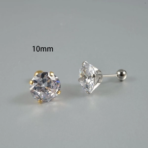 Detail of 10mm round cubic zirconia stud earring with gold-plated four-claw setting