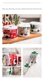 Detail of linen Christmas ribbons with Merry Christmas prints and white plush edges