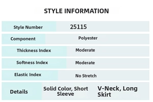 Detailed size chart and fabric specifications for solid V-neck satin party dress