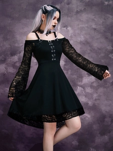 Gothic black off-shoulder dress with lace flare sleeves and lace-up front detail