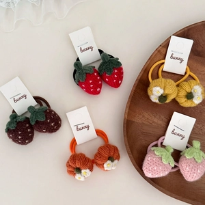 Knitted Strawberry Pumpkin Hair Ties For Kids Toddler Baby Girls Crochet Fruit Flower Style Ponytail Holders