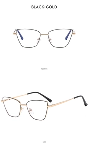 Detailed front and side views of black and gold metal eyeglass frames on white background