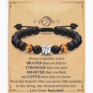 Tiger eye beaded bracelet with basketball charm on inspirational gift card for son