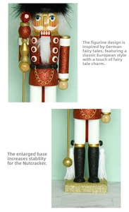 Macro detail of 35cm red nutcracker showing glitter jacket and stable gold glitter base