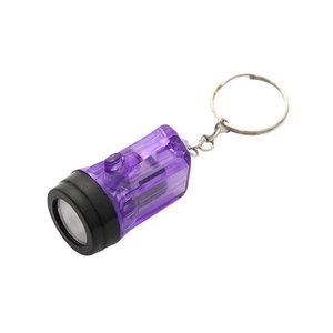 Mini purple LED flashlight keychain with transparent shell and silver metal ring