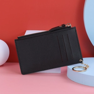 Classic black leather card holder with three slots, zipper coin pocket and gold keychain