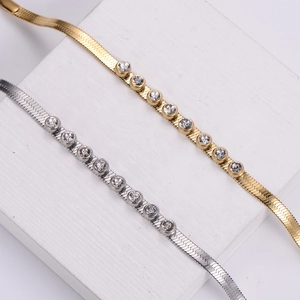 Two-piece gold and silver plated 304 stainless steel snake chain bracelets with zircons