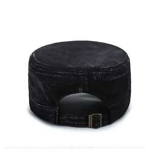 Detail view of the cadet hat's back with an adjustable bronze buckle and washed fabric texture