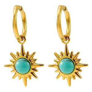 Gold bohemian hoop earrings featuring sun pendants with turquoise insets for women