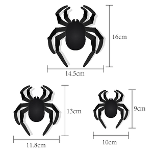 Size chart showing three dimensions of 3D black spider wall stickers for Halloween decor