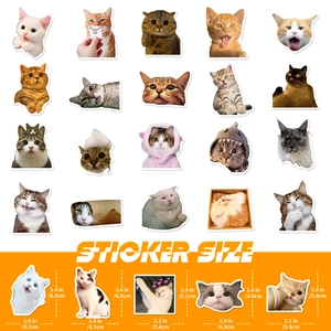 Pack of 50 cute cat emoji stickers with detailed size guide showing various funny kitten poses