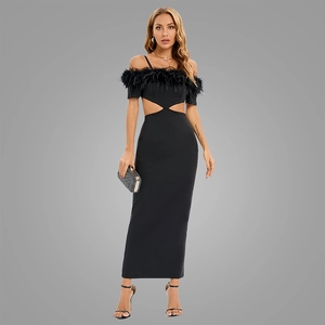 Elegant black off-shoulder maxi dress featuring feather trim and side waist cut-outs