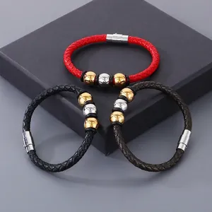 Bracelet Et Collier En Cuir Tressé Pour Hommes Avec Perles En Acier Inoxydable Fermoir Magnétique Poli Bijoux Hip Hop Street Vintage
