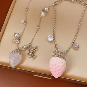 Strawberry Pendant Necklace Stainless Steel Silver Flocked Pink Fruit Heart Charm Artificial Pearl And Zirconia Sweet Jewelry