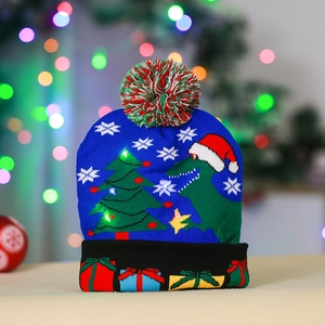 Berretto natalizio blu in maglia con LED, dinosauro e motivo ad albero