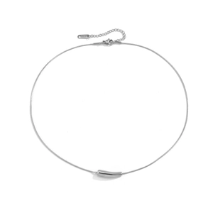 Minimalist silver snake chain necklace with curved metal tube pendant on white background