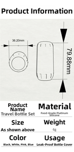Detailed size chart for leakproof silicone travel bottle sleeves with dimensions and weight