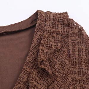 Sexy deep V-neck knit maxi dress with brown lace detailing and long bell sleeves