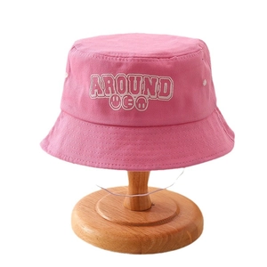 Pink kids bucket hat with AROUND letter embroidery and smiley face print for sun protection