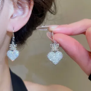 Crown Heart Leverback Earrings Copper Cubic Zirconia Inlaid With 925 Sterling Silver Earring Post Light Luxury For Women