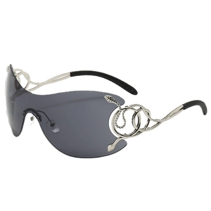 Frameless oversized shield sunglasses with silver snake design metal temples for women and men