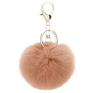 Faux rabbit fur keychain with fluffy khaki pom pom and gold lobster clasp for bags