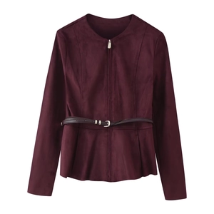 Women's burgundy suede-texture zip jacket with dark brown slim belt on white background