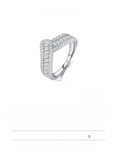 Macro shot of V-shaped sterling silver ring with rows of shiny cubic zirconia stones