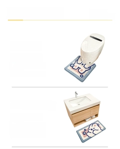 Detailed set including U-shaped toilet mat and rectangular rug with rabbit illustrations