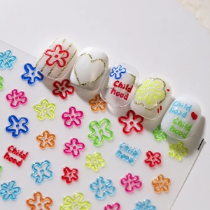 Cute colorful floral nail art stickers with heart patterns for DIY manicure decoration