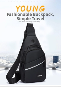 Close-up of black waterproof nylon chest bag with round logo and zipper details