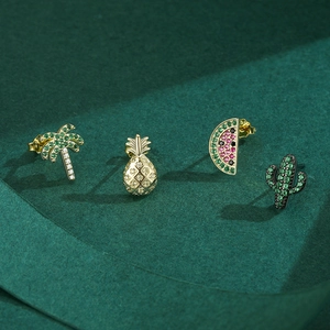 Boucles d'oreilles en argent S925 motif fruits tropicaux avec ananas pastèque et palmier
