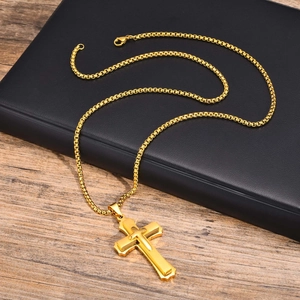 Classic double-layered gold cross pendant necklace for men with sturdy box chain