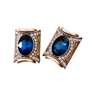 Vintage oval dark blue gemstone earrings with rhinestones in antique bronze finish