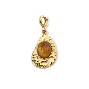 Close-up of teardrop brown stone pendant with gold hammered metal texture and clasp