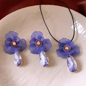 Collier Et Boucles D'Oreilles Pendentif Fleur Élégant Cristal De Verre Goutte D'Eau Violette Tige De Boucle D'Oreille En Argent Bijoux En Alliage