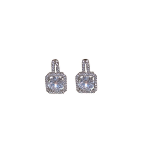 Elegant square silver earrings with sparkling round zircon center and halo design