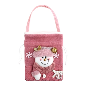 Pink felt Christmas gift bag with sequined snowman embroidery and drawstring handle