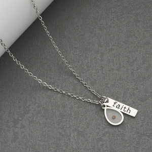 Polished silver stainless steel necklace with faith bar and mustard seed drop pendant