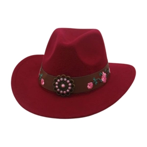 Deep red wool western cowboy hat with floral embroidery and pearl buckle detail