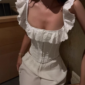 Top Corsetto Bianco Pizzo Donna Volant Scollo Quadrato Ricamo Ganci Occhiello Davanti Dietro Stringato Dolce Francese