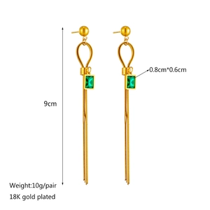 Gold plated 18K titanium steel dangle earrings with emerald green square crystal tassels
