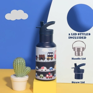 Detail of the 350ml kids water bottle showing two lid styles and blue car pattern