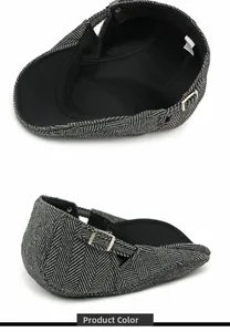 Close-up of herringbone newsboy cap interior lining and side adjustable metal buckle
