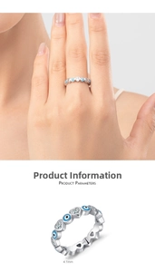 Detail of 4.1mm S925 sterling silver evil eye ring with blue enamel and heart zircon