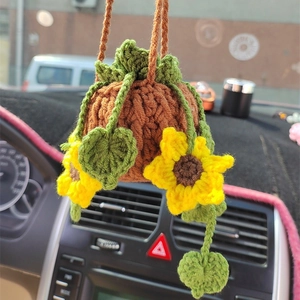 Handmade knitted sunflower plant car hanging ornament for rearview mirror decoration