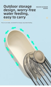 Detail view of the portable pet water bottle with a foldable rotating bowl for outdoor use