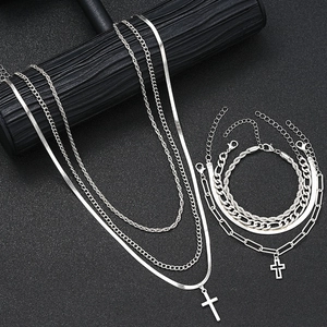 Minimalist silver multi-layer cross necklace and bracelet set for hip-hop style fashion