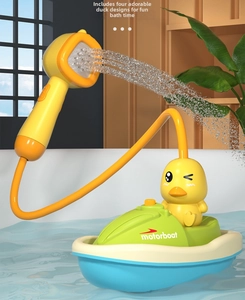 Electric yellow duck shower head with motorboat pump system for baby bath time fun