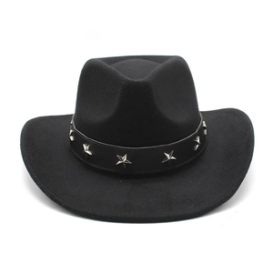Detail of black wool felt cowboy hat with silver star rivets on a leather band